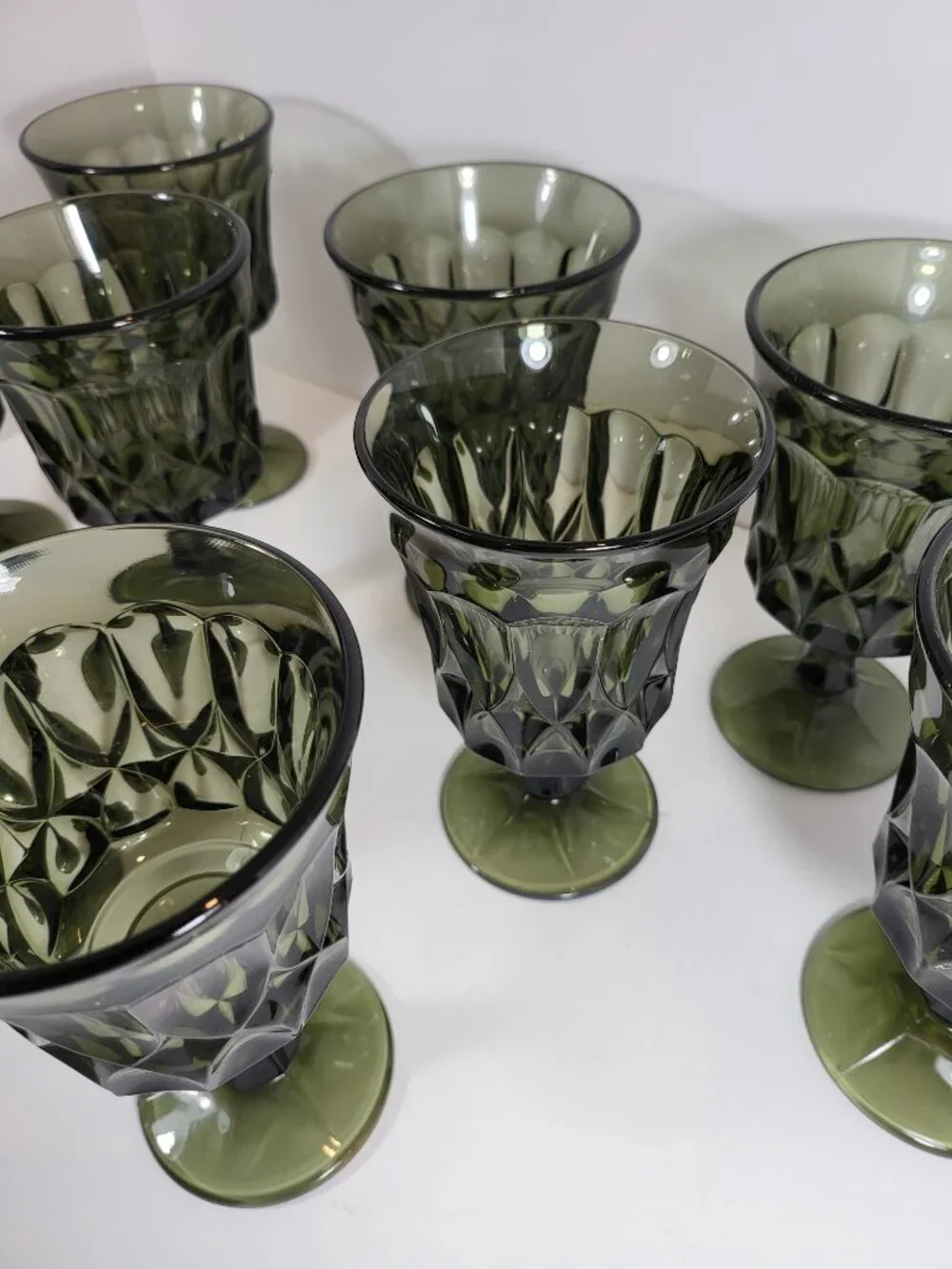 Set of 9(5 Water,4 Wine)1970s Mid Century Modern Avocado Green Pressed Glass Ste
